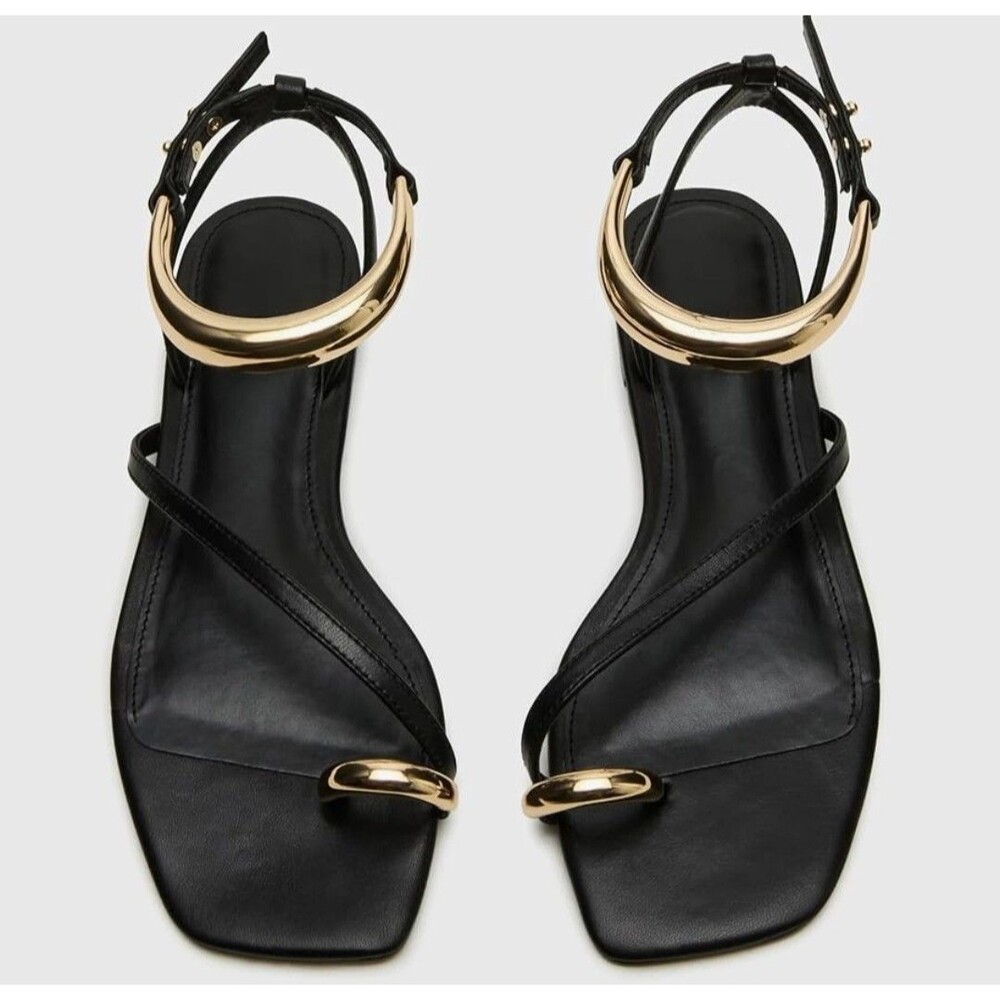 Metal Ankle Strap Flat Sandals for Women Toe Ring Strappy Slip On Sandals Sz10